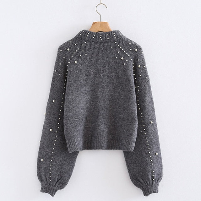 Winter Turtleneck Sweaters Pearl Beading Sweater Warm Lantern Sleeve Women Jumper Female Loose Gray Pullover Pull Knitted A4