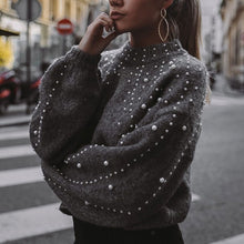 Load image into Gallery viewer, Winter Turtleneck Sweaters Pearl Beading Sweater Warm Lantern Sleeve Women Jumper Female Loose Gray Pullover Pull Knitted A4