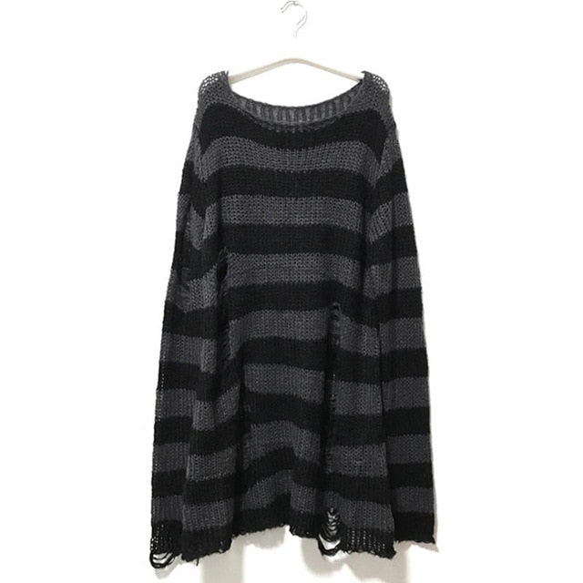 Women Gothic Punk Striped Long Sweaters Character Cool Hollow Out Hole Broken Thin Pullover Knit Sweater fashion 2019 Autumn Top