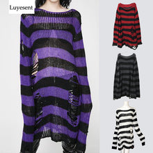Load image into Gallery viewer, Women Gothic Punk Striped Long Sweaters Character Cool Hollow Out Hole Broken Thin Pullover Knit Sweater fashion 2019 Autumn Top