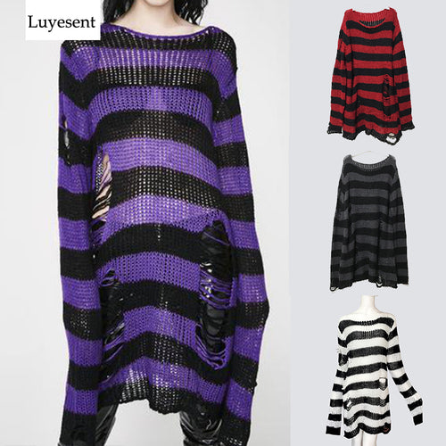 Women Gothic Punk Striped Long Sweaters Character Cool Hollow Out Hole Broken Thin Pullover Knit Sweater fashion 2019 Autumn Top