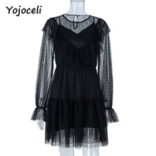 Load image into Gallery viewer, Yojoceli sexy party club black mesh kanten jurk vrouwen dot ruches twee stukken set jurk 2018 vrouwelijke vestidos