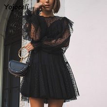 Load image into Gallery viewer, Yojoceli sexy party club black mesh kanten jurk vrouwen dot ruches twee stukken set jurk 2018 vrouwelijke vestidos
